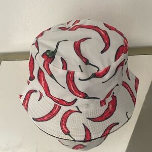 Dolls Kill White Bucket Hat with Red Chili Pepper Print